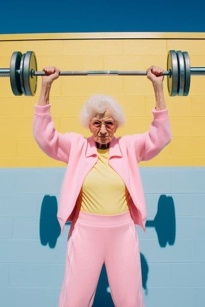 Femme aux cheveux blancs, sourire résolu, soulève une barre olympique devant un mur jaune et bleu
